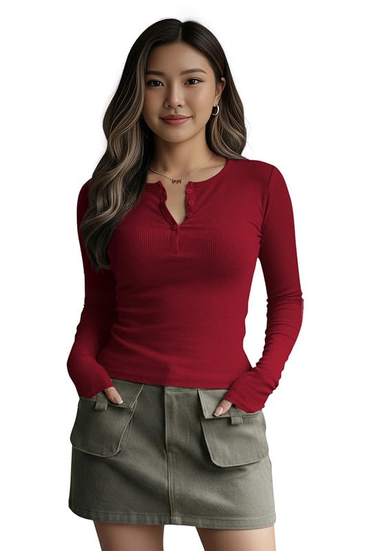 Dream Beauty Fashion Women's Long Sleeve Slim Fit Top/T-Shirt Henley Neck Casual (BZF-Top-Saiyaara-1)